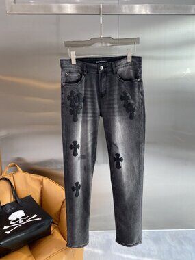 Chrome Hearts Men's Faded Black Slim Jeans with Cross Appliqués